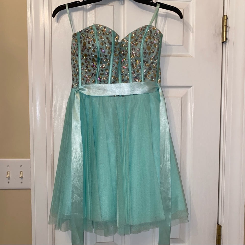 Nights by Teeze Me Seafoam Jeweled homecoming dress